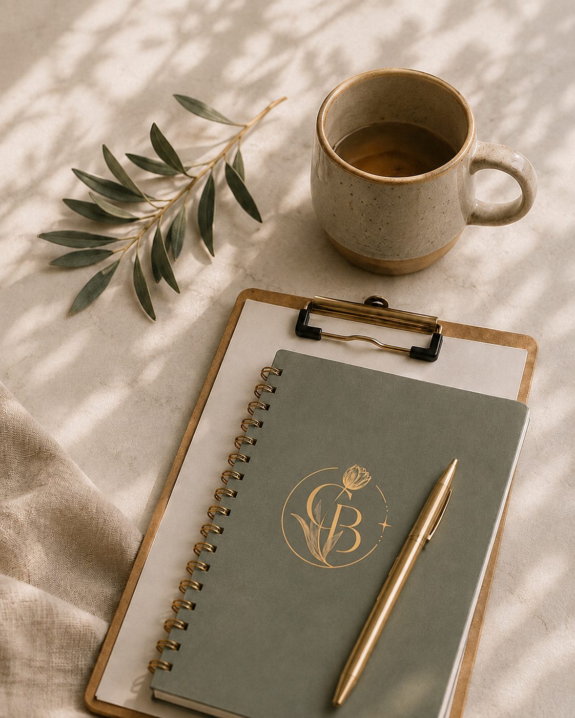 Clipboard with a Cheek and Balance notebook, coffee, and an olive branch on a sunlit desk